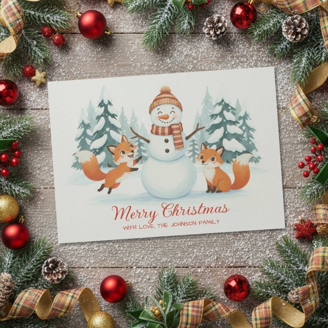 Cartão De Festividades Cute Foxes and Snowman Merry Christmas (Criador carregado)