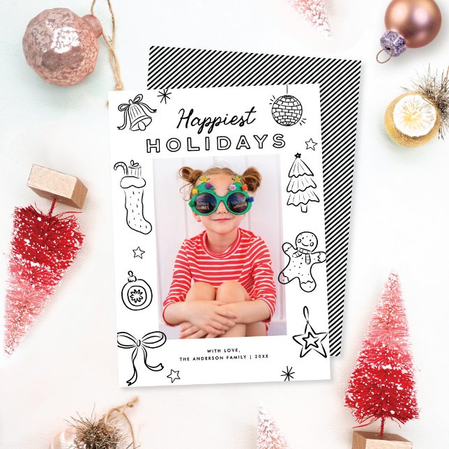 Cartão De Festividades Cute Fun Doodles Black & White Christmas Photo (Criador carregado)