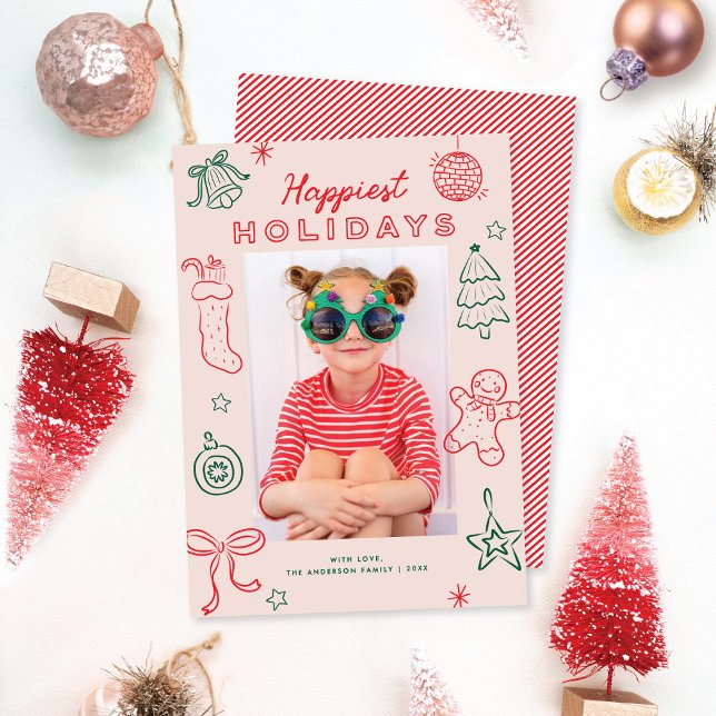 Cartão De Festividades Cute Fun Doodles Pink Red Green Christmas Photo (Criador carregado)