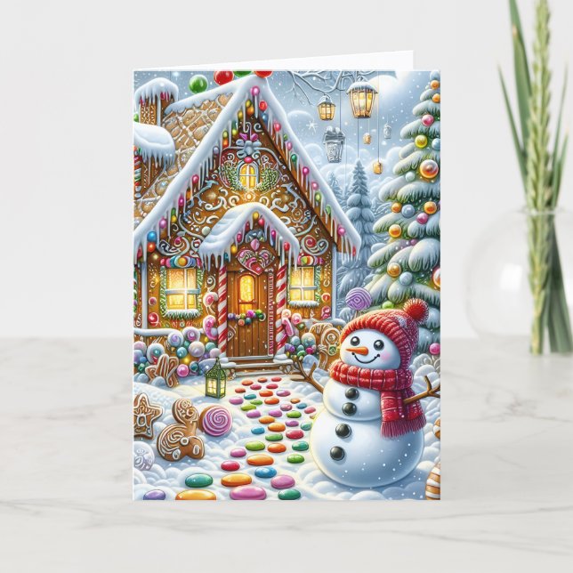 Cartão De Festividades Cute Gingerbread House with Snowman Christmas (Frente)
