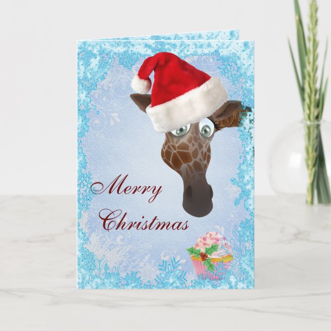 Cartão De Festividades Cute Giraffe & Pink Cupcake Christmas Card (Frente)