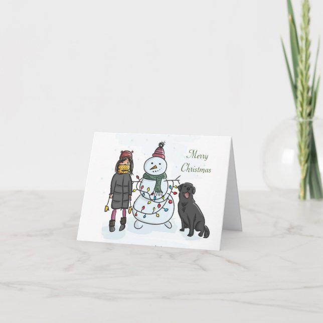 Cartão De Festividades Cute Girl, Snowman & Dog Christmas Card (Frente)