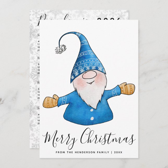 Cartão De Festividades Cute Gnome de Azul Calendário de Natal 2026 Feliz  (Frente/Verso)