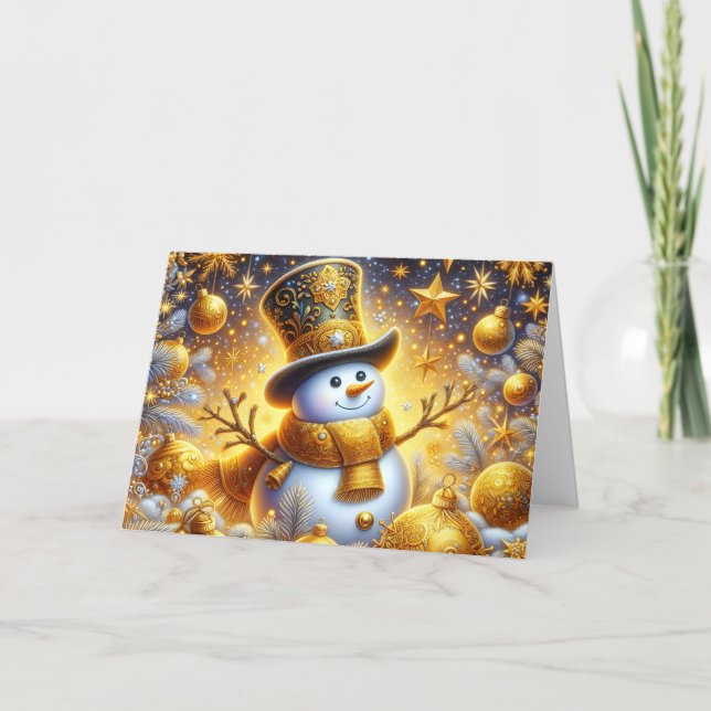 Cartão De Festividades Cute Golden Snowman Holiday Christmas (Frente)