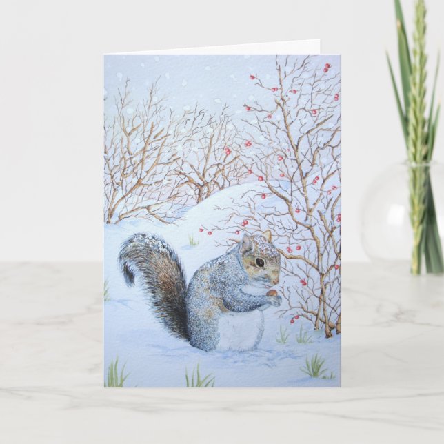 Cartão De Festividades cute gray squirrel snow scene wildlife art (Frente)