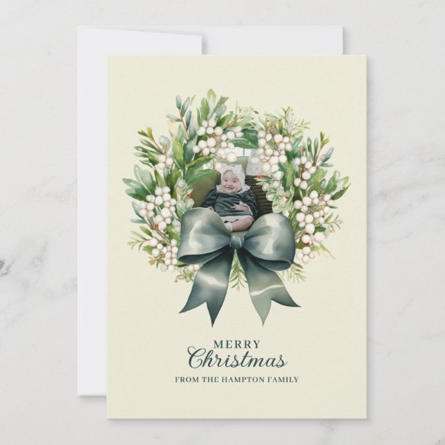 Cartão De Festividades Cute Green Bow Wreath Photo Christmas (Frente)