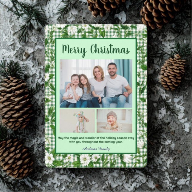 Cartão De Festividades Cute Green Gingham Plaid 3 Photo Christmas  (Criador carregado)