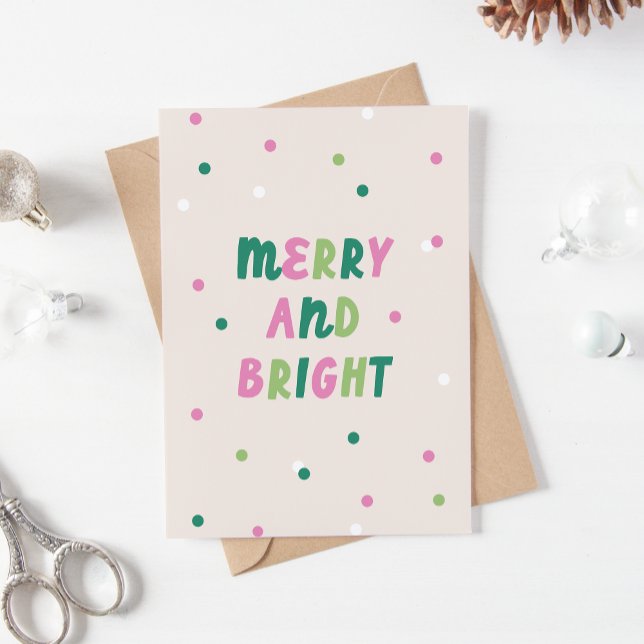 Cartão De Festividades Cute Green Pink Merry & Bright Confetti Christmas (cute, modern, Merry and Bright Christmas card in pink and green)