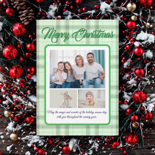 Cartão De Festividades Cute Green Plaid Portrait Photo Christmas (Criador carregado)