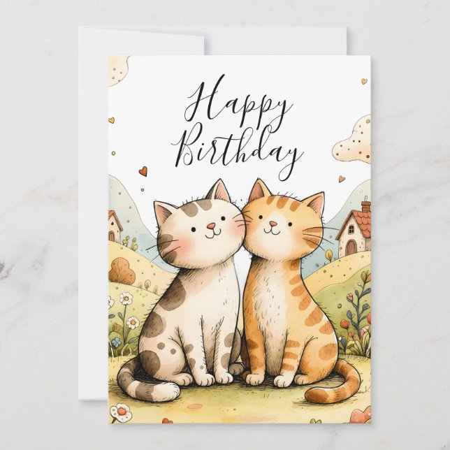 Cartão De Festividades Cute Happy Birthday Cat Card (Frente)