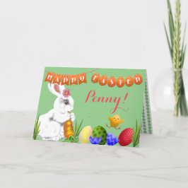 Cartão De Festividades Cute Happy Easter Bunny Green Child Kid's Custom