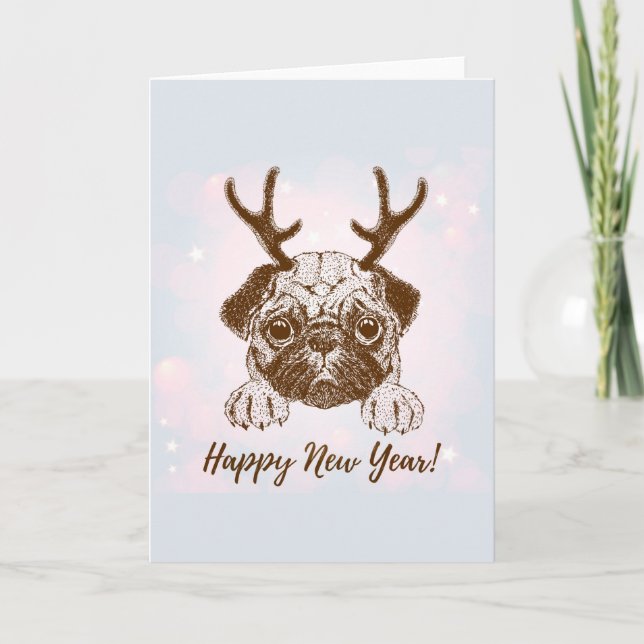 Cartão De Festividades Cute Happy New Year Reindeer Pug (Frente)