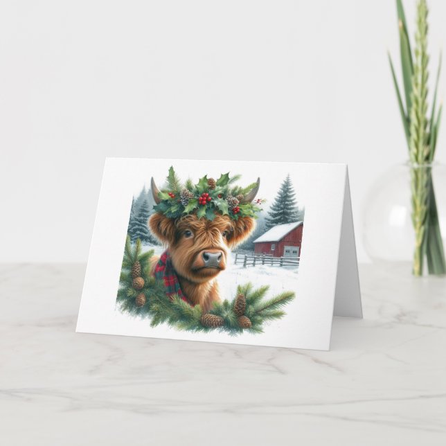 Cartão De Festividades Cute Highland Cow Christmas Folded Holiday Card (Frente)