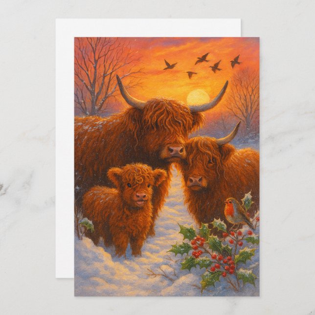 Cartão De Festividades Cute Highland Cow Family In Snowy Woodland Sunset (Frente/Verso)