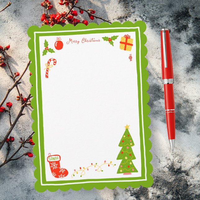 Cartão De Festividades Cute Icons Scalloped CUSTOM Christmas Stationery (Cute Icons Scalloped CUSTOM Christmas Stationery Non-Photo  hand-drawn Holiday Card
)