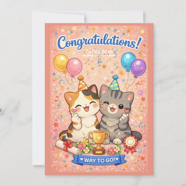 Cartão De Festividades Cute Kawaii Cat Congratulations Card Party Kitten (Frente)