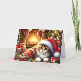 Cartão De Festividades Cute Kitten by the Fireplace Christmas