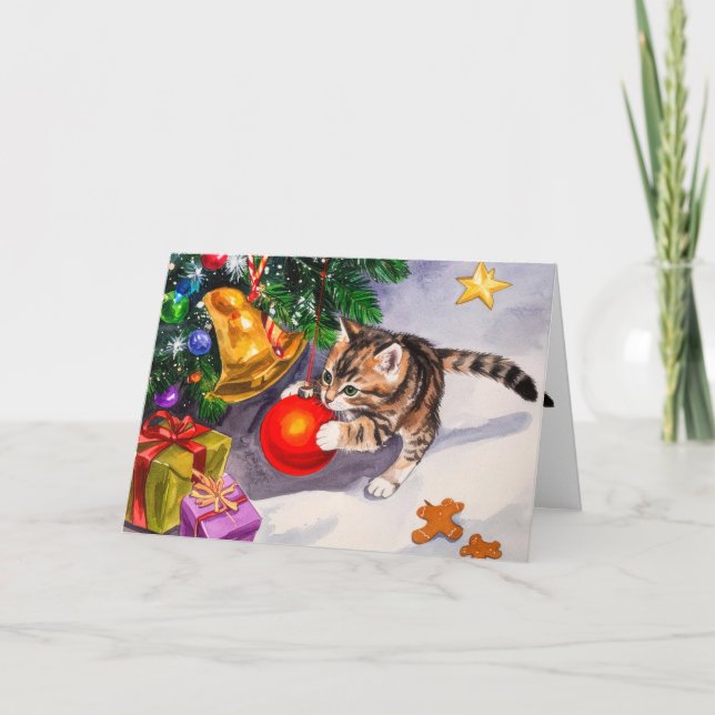 Cartão De Festividades Cute Kitten Swinging On Christmas Tree Ornaments (Frente)