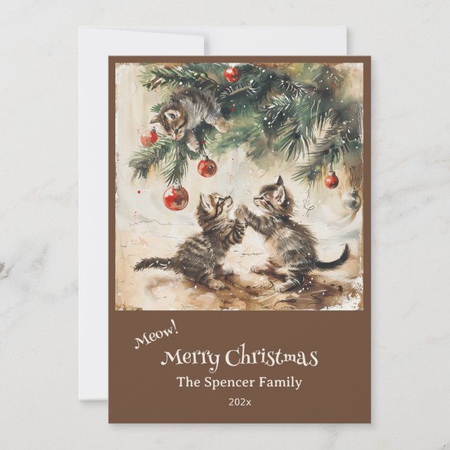 Cartão De Festividades Cute Kittens on Christmas Tree (Frente)