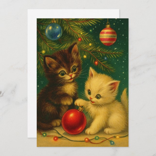Cartão De Festividades Cute Kittens Under Christmas Tree Retro (Frente/Verso)