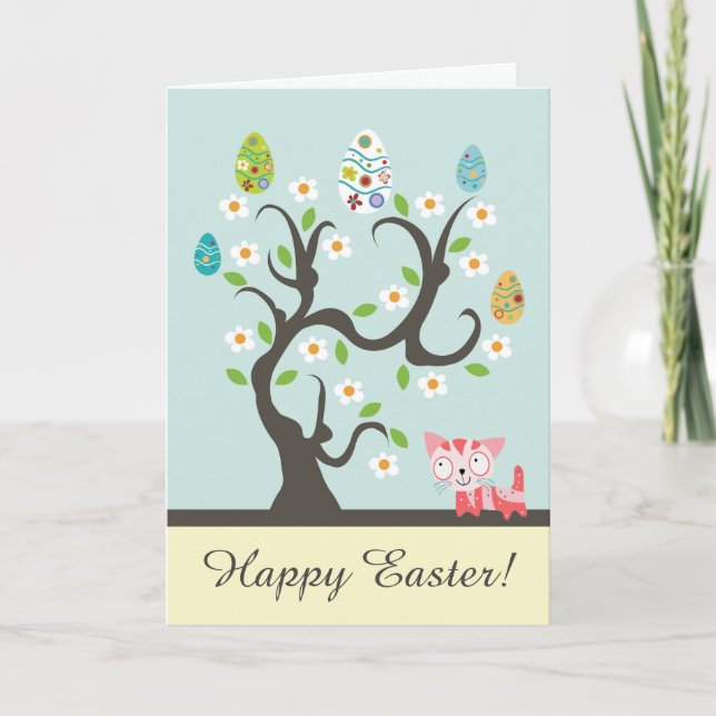 Cartão De Festividades Cute Kitty Cat with Egg Tree Happy Easter Card (Frente)