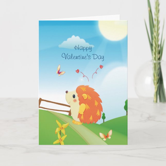 Cartão De Festividades Cute Love Hedgehog with Butterfly Sunny Day (Frente)