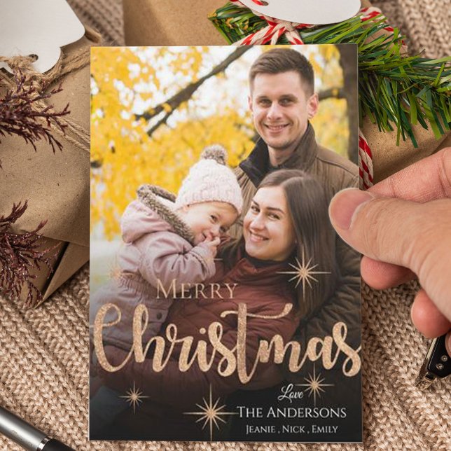 Cartão De Festividades Cute Merry Christmas Faux Rose Gold Star Photo (Cute Merry Christmas Faux Rose Gold Star Photo Holiday Card)