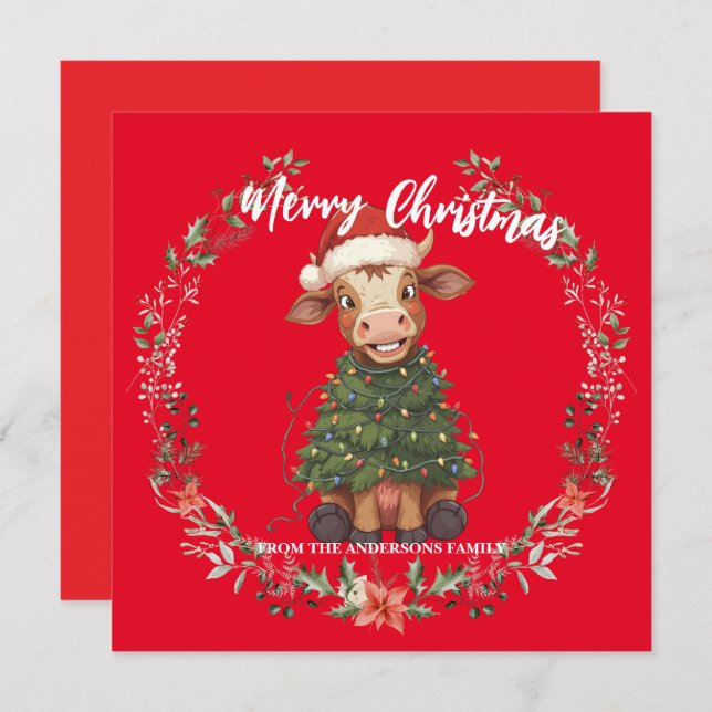 Cartão De Festividades Cute merry Cow Christmas tree calf ox Xmas pattern (Frente/Verso)