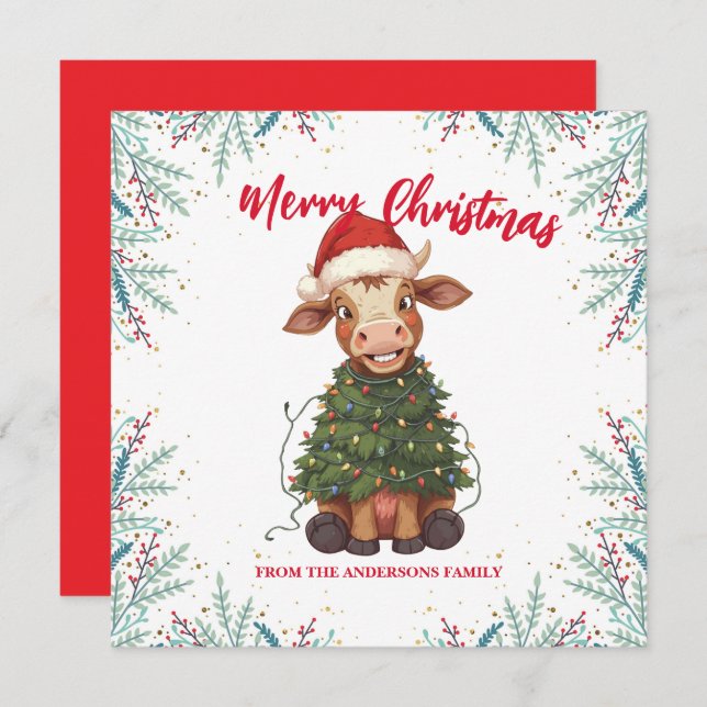 Cartão De Festividades Cute merry Cow Christmas tree calf ox Xmas pattern (Frente/Verso)