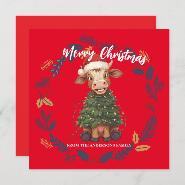 Cartão De Festividades Cute merry Cow Christmas tree calf ox Xmas pattern (Frente/Verso)