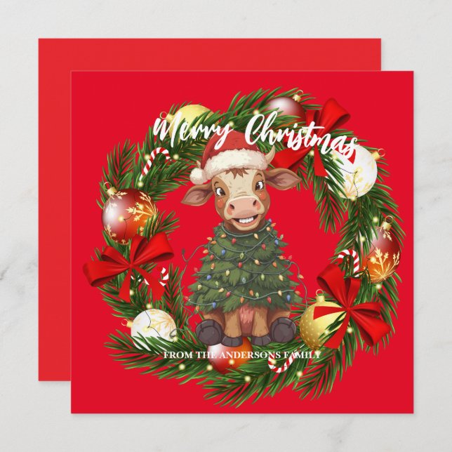 Cartão De Festividades Cute merry Cow Christmas tree calf ox Xmas pattern (Frente/Verso)