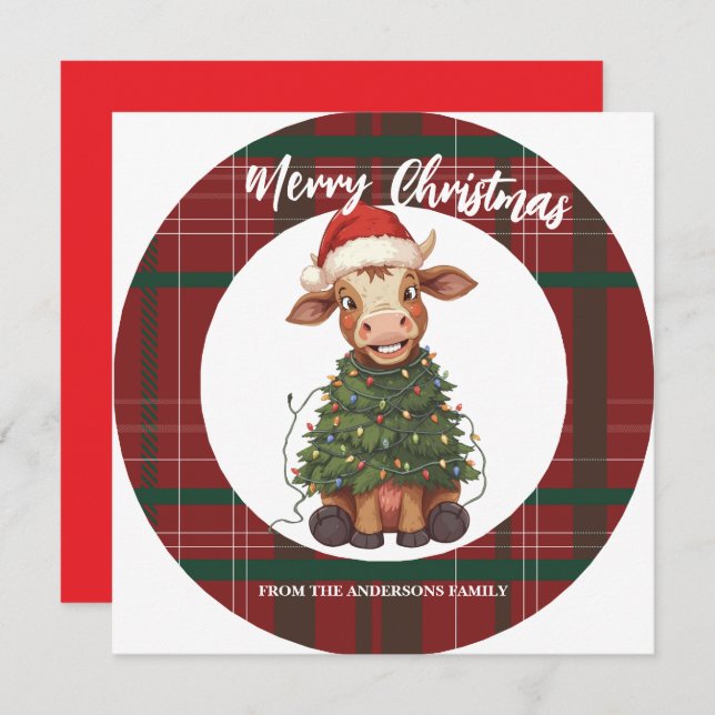 Cartão De Festividades Cute merry Cow Christmas tree calf ox Xmas plaid (Frente/Verso)