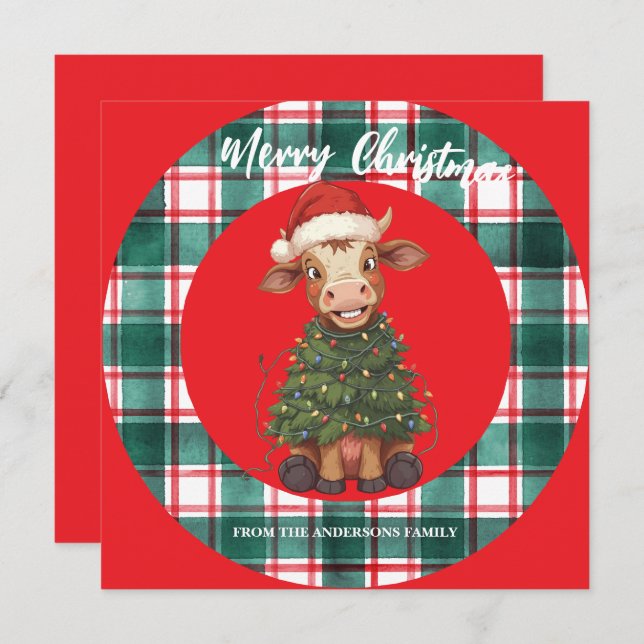 Cartão De Festividades Cute merry Cow Christmas tree calf ox Xmas plaid (Frente/Verso)