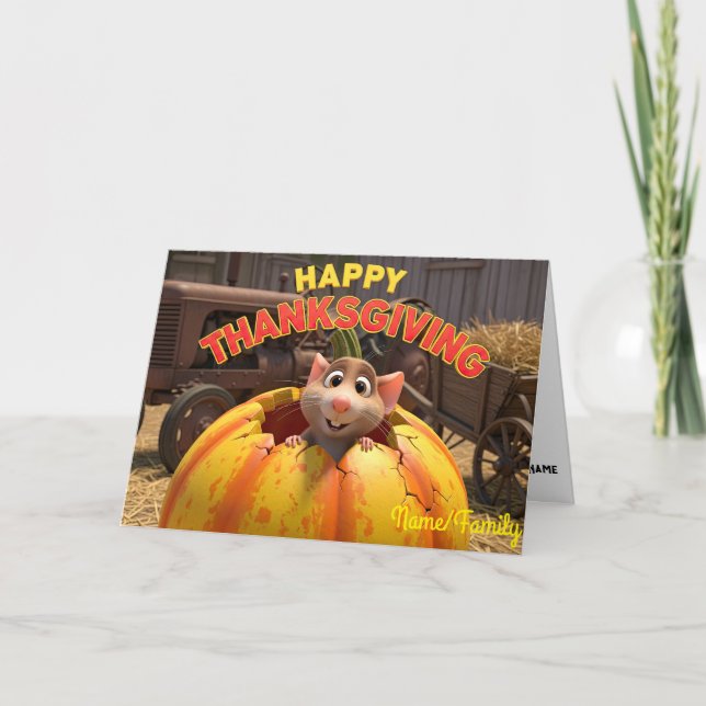 Cartão De Festividades Cute Mouse in Pumpkin – Happy Thanksgiving Farm (Frente)