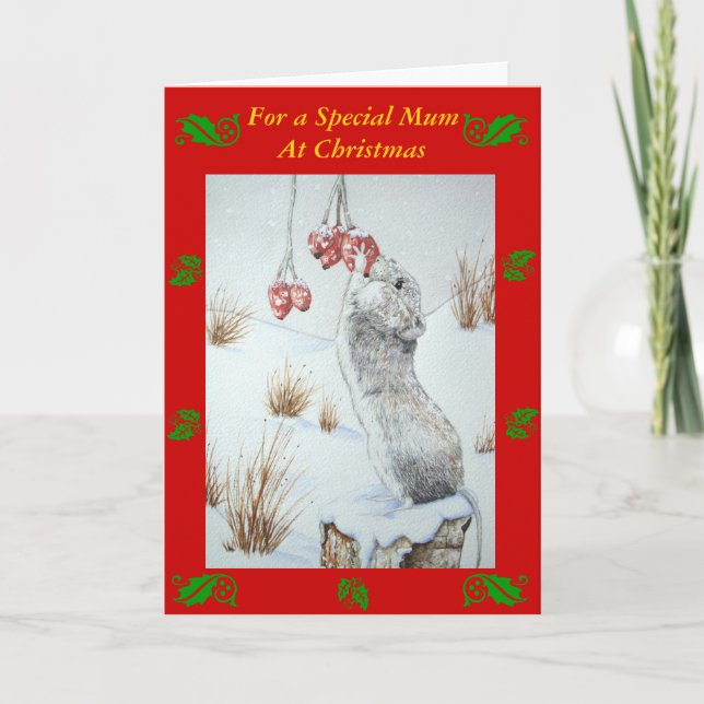 Cartão De Festividades Cute mouse red berries snow scene wildlife versed (Frente)