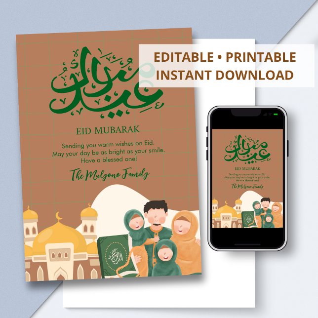 Cartão De Festividades Cute Muslim Family and Mosque Eid Mubarak Card (Criador carregado)