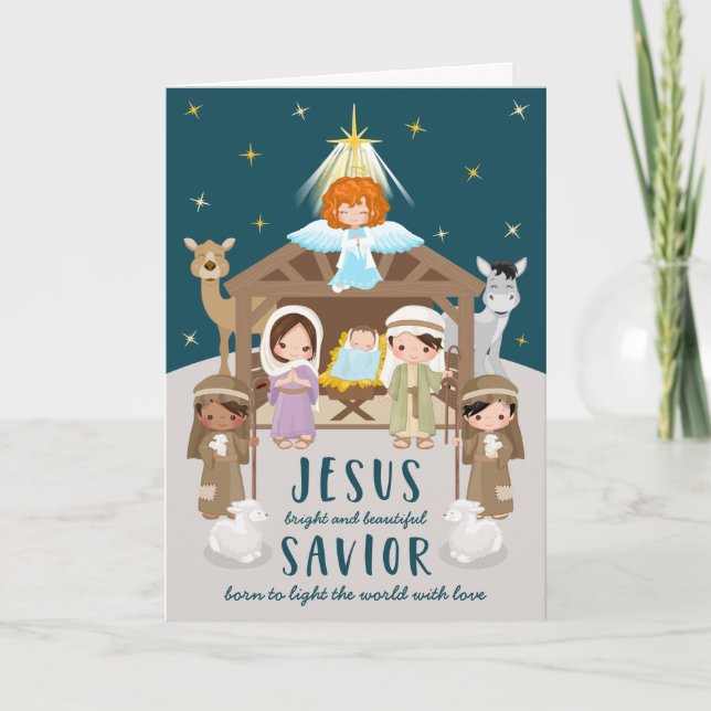 Cartão De Festividades Cute Natividade Bebê Jesus Natal | Bege (Frente)