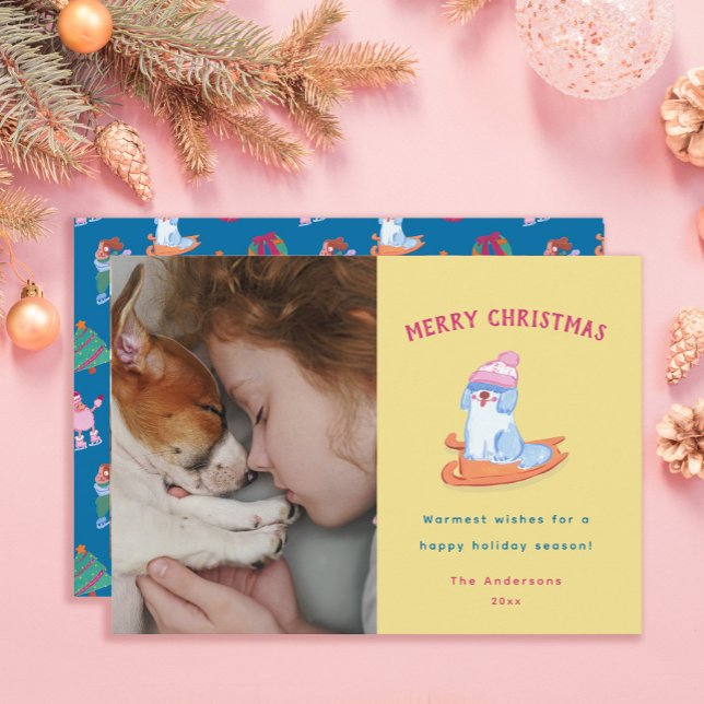 Cartão De Festividades Cute Old English Sheepdog sledge Yellow Christmas  (Criador carregado)