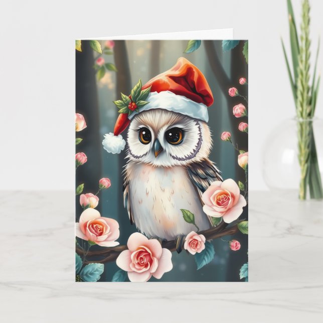 Cartão De Festividades Cute owl in Christmas hat Christmas card (Frente)
