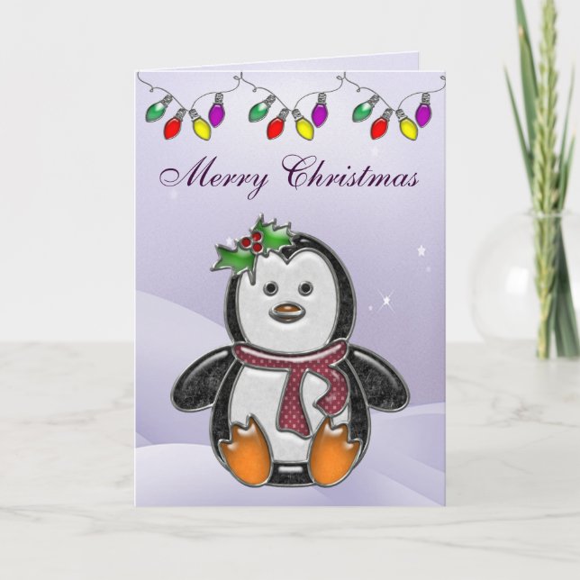 Cartão De Festividades Cute Penguin Jewel & Christmas Lights Card (Frente)