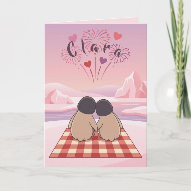 Cartão De Festividades Cute Penguin Valentine Picnic Card for Girlfriends (Frente)