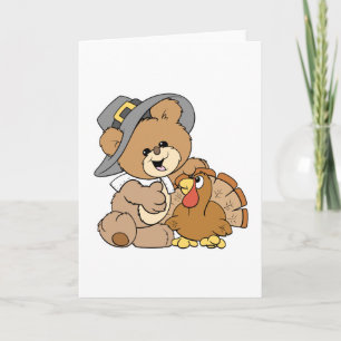 Cartão De Festividades cute pilgrim teddy bear with turkey