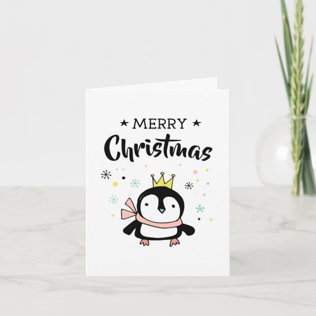 Cartão De Festividades Cute pinguim coroa de ouro feliz natal (Frente)