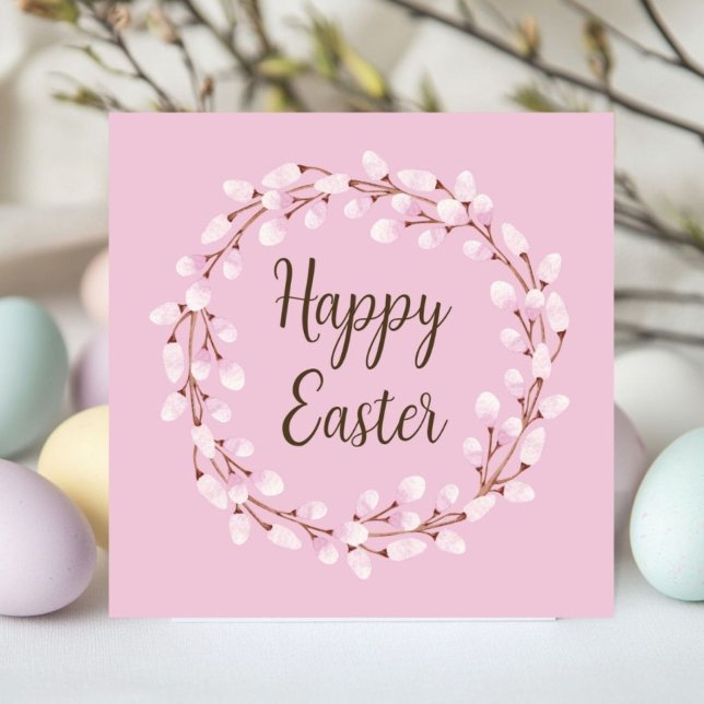 Cartão De Festividades Cute Pink Pussy Willow Happy Easter (Cute Pink Pussy Willow Happy Easter Holiday Card)