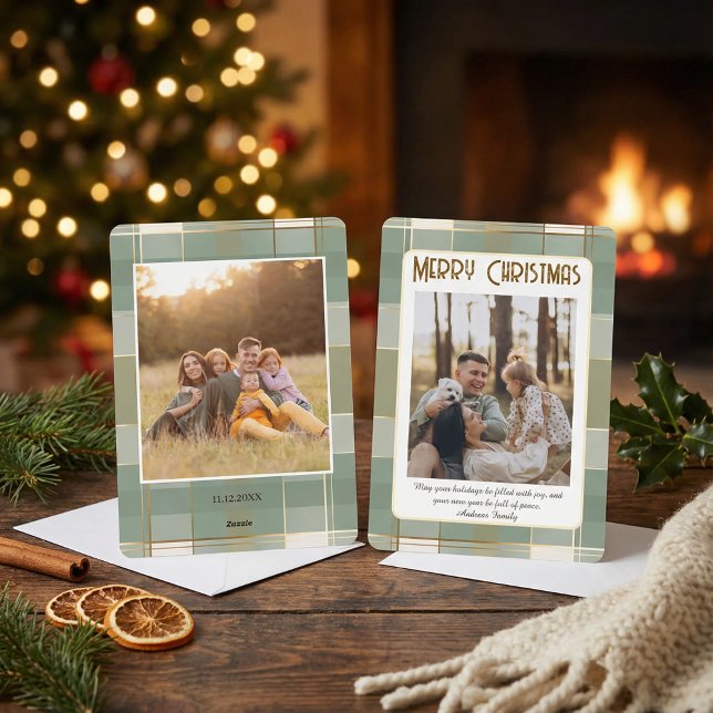 Cartão De Festividades Cute Plaid Christmas Card with Family Photo  (Criador carregado)