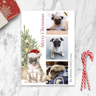 Cartão De Festividades Cute Pug and Christmas Tree Pet Dog Photo
