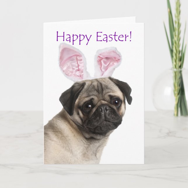 Cartão De Festividades Cute Pug Easter Card (Frente)
