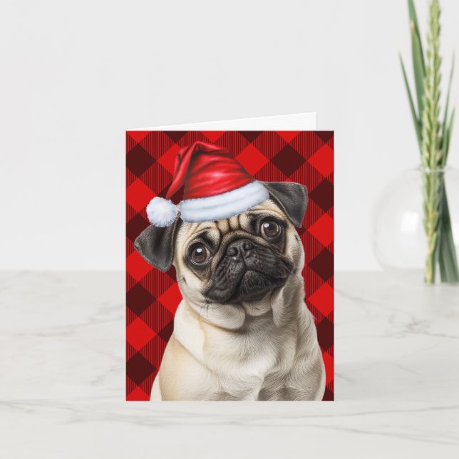Cartão De Festividades Cute Pug Santa Dog Red Buffalo Plaid Christmas (Frente)
