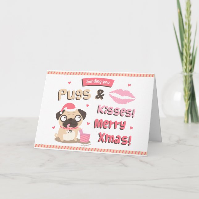 Cartão De Festividades Cute Pugs and Kisses Merry Xmas Greeting Card (Frente)