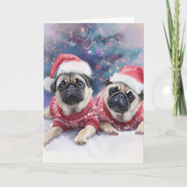 Cartão De Festividades Cute Pugs Christmas Greeting Card  (Frente)